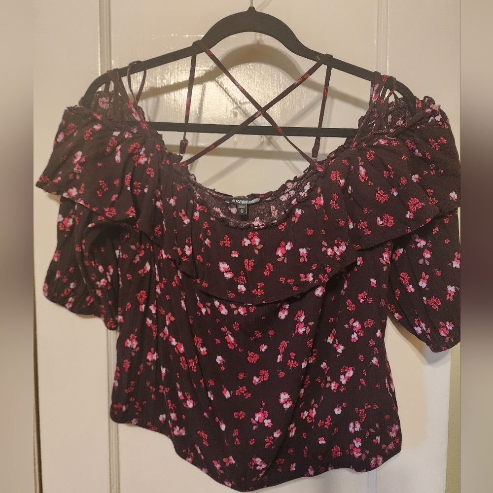 Express Burgundy Floral Off-Shoulder Ruffle Blouse